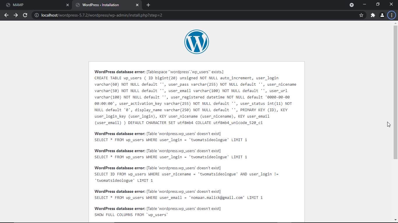 WordPress installation errors