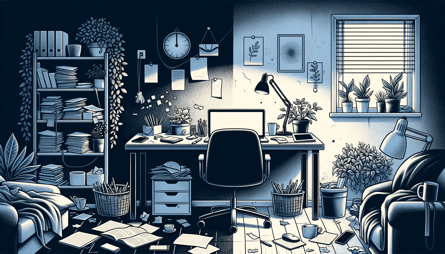 Ilustracao com divisao central. No lado esquerdo um home office desordenado mesa cheia de papeis amontoados xicaras de cafe vazias cabos emaranhad