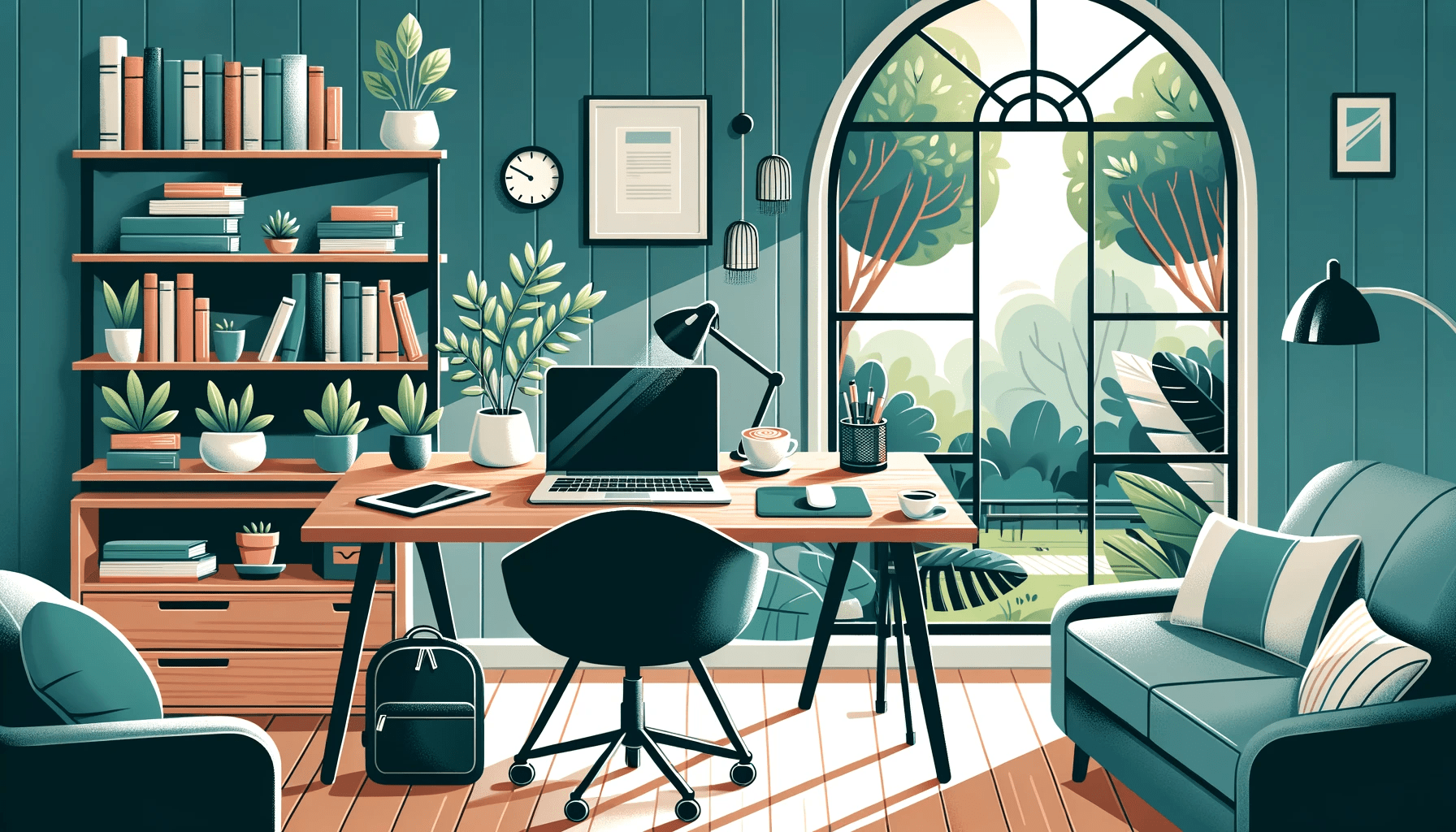 Ilustracao de um ambiente de home office tranquilo e produtivo. Uma mesa espacosa com um laptop teclado mouse e uma xicara de cafe. Ao fundo uma e