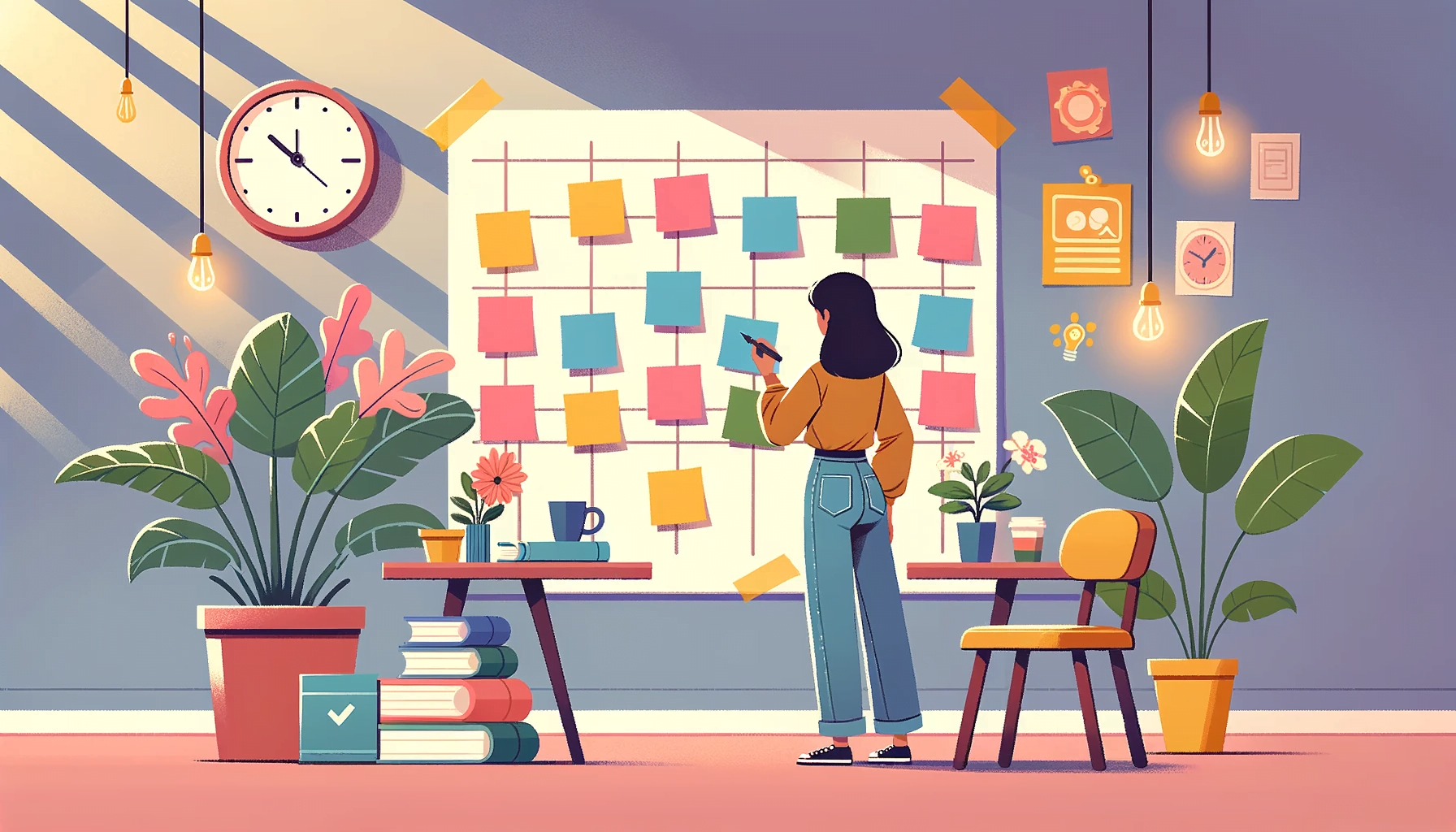 Ilustracao de um ambiente tranquilo e iluminado. Uma pessoa de descendencia latina vestindo roupas confortaveis esta em frente a um grande quadro de