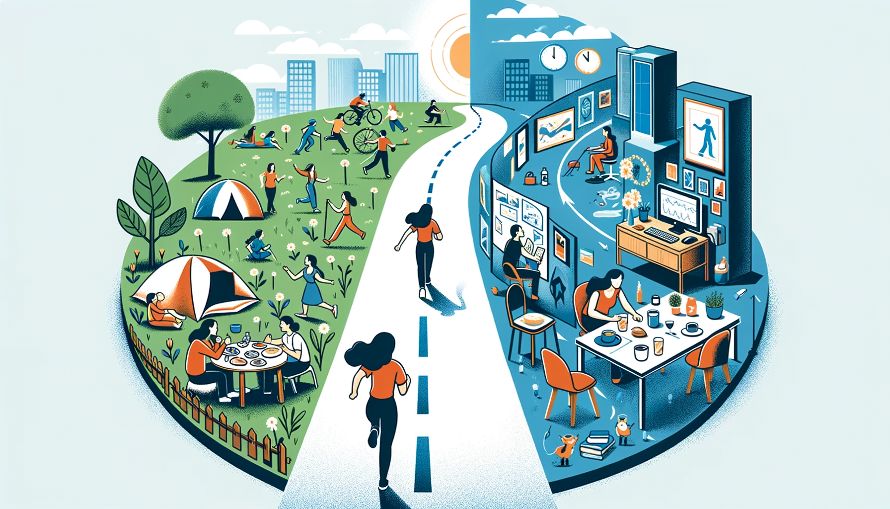 Ilustracao de um caminho dividido onde uma pessoa caminha no centro. A esquerda cenas de vida pessoal como um piquenique em um parque um jantar em