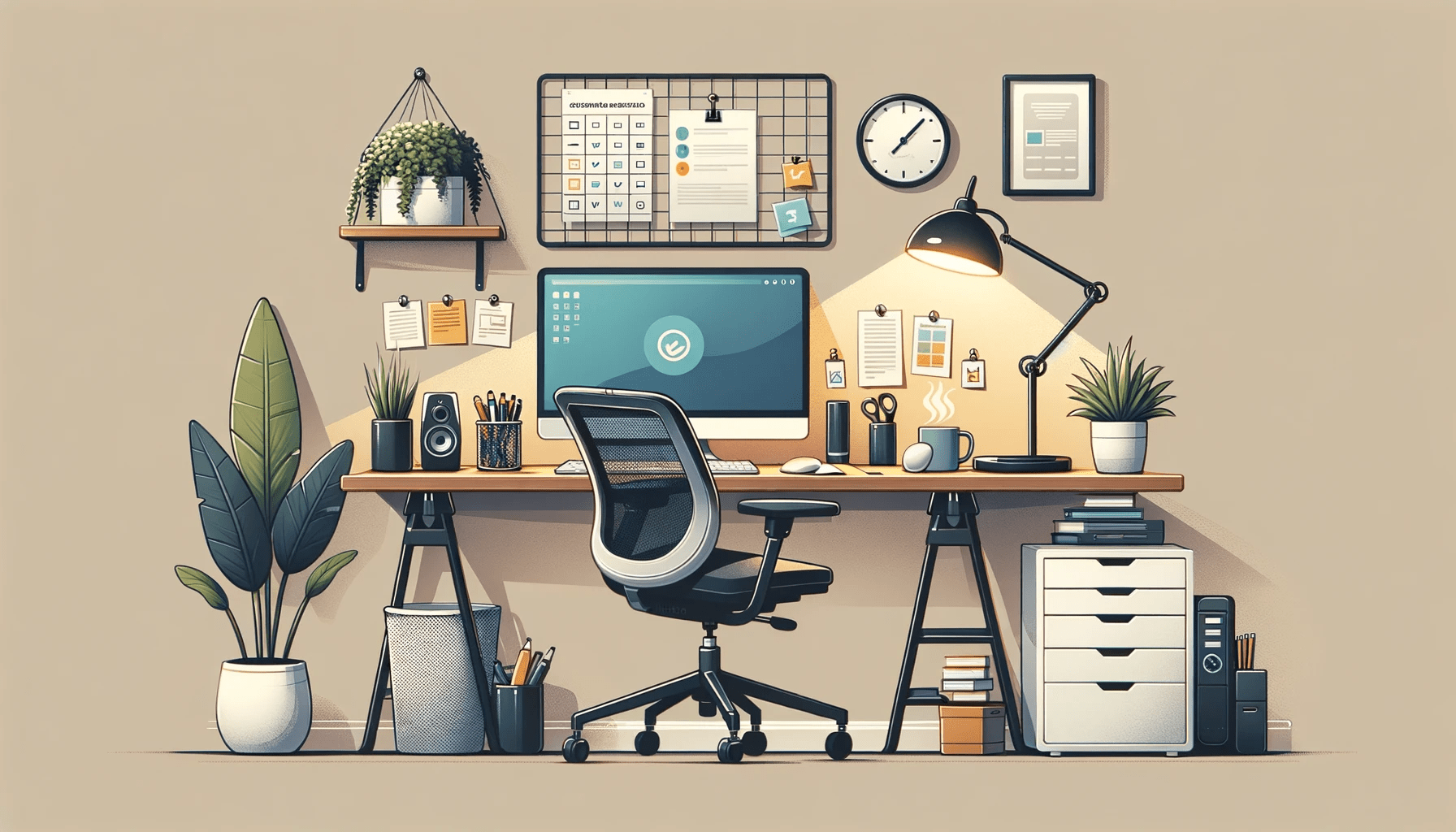 Ilustracao de uma mesa de home office bem organizada. Sobre a mesa um laptop moderno conectado a um segundo monitor um teclado e mouse ergonomicos
