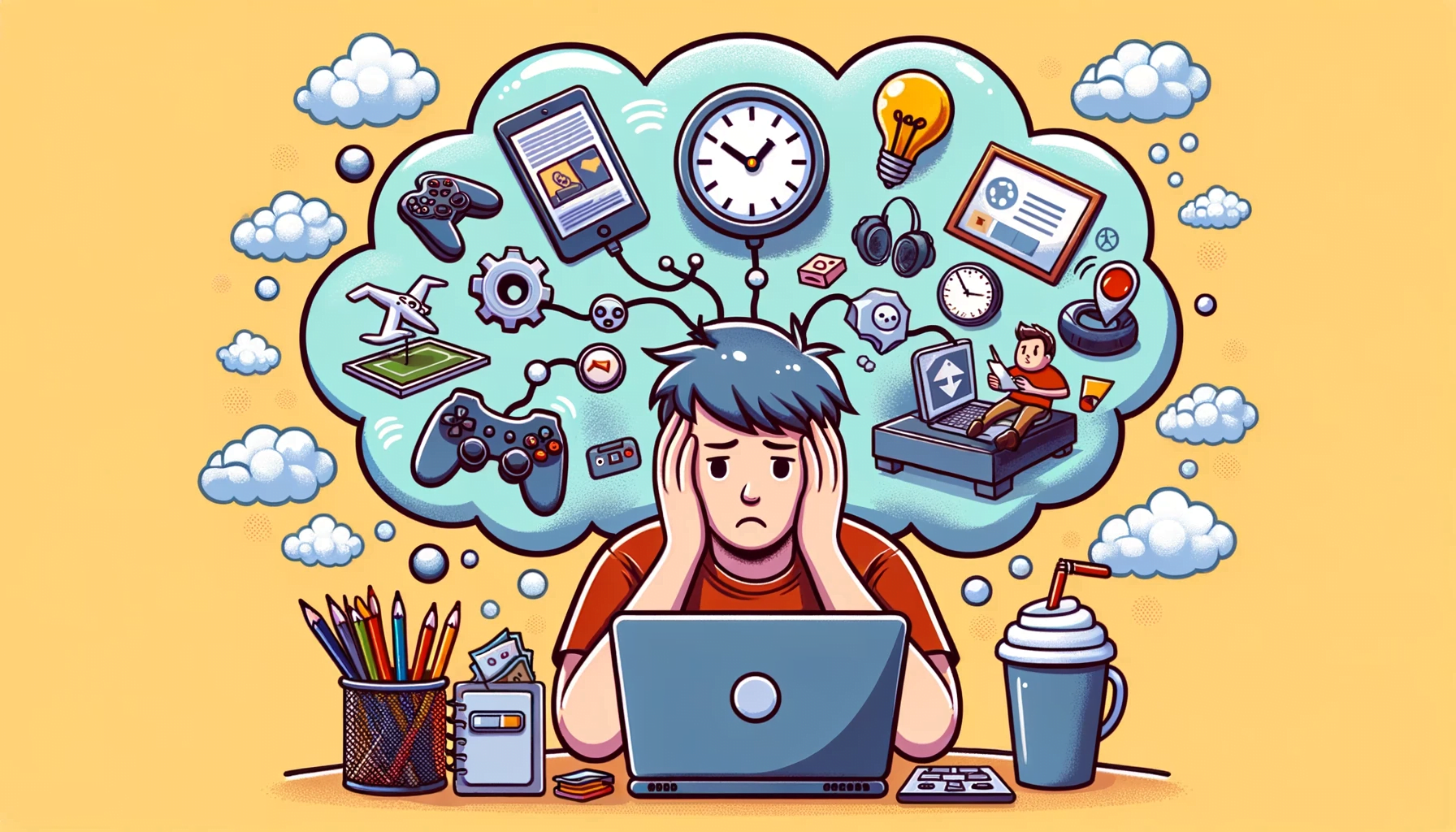 Ilustracao de uma pessoa distraida com um balao de pensamento acima dela. Dentro do balao icones representam atividades de procrastinacao um joystic