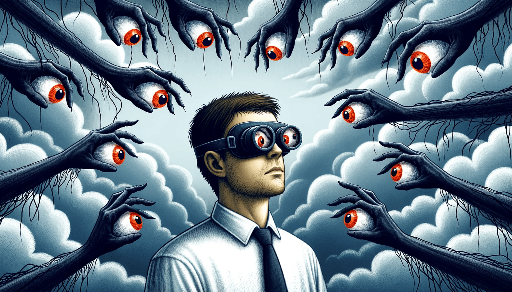 Ilustracao de uma pessoa usando oculos especiais que filtram nuvens escuras e tentaculos tentando envolve la representando a visao clara contra a man