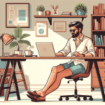 Ilustracao de uma sala de home office clara e arejada. Um homem de descendencia arabe vestindo uma camisa social shorts e meias divertidas esta sen