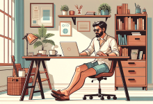 Ilustracao de uma sala de home office clara e arejada. Um homem de descendencia arabe vestindo uma camisa social shorts e meias divertidas esta sen