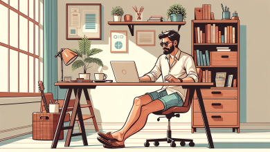 Ilustracao de uma sala de home office clara e arejada. Um homem de descendencia arabe vestindo uma camisa social shorts e meias divertidas esta sen