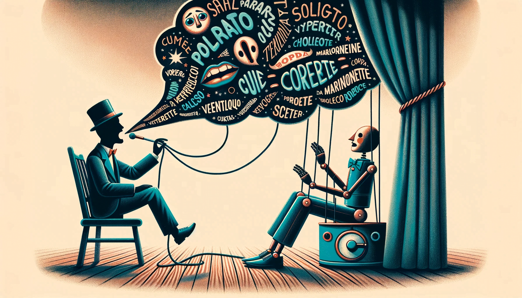 lustracao de um ambiente teatral onde um ventriloquo controla uma marionete. As palavras saem da boca do ventriloquo e dirigem as acoes da marionete