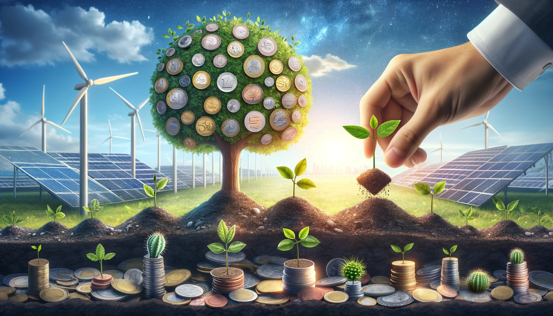 DALL·E 2023 11 09 20.22.14 Create a wide image symbolizing Initial Investment and Sustainability. The scene should show a hand planting a sapling into soil full of coins sugg