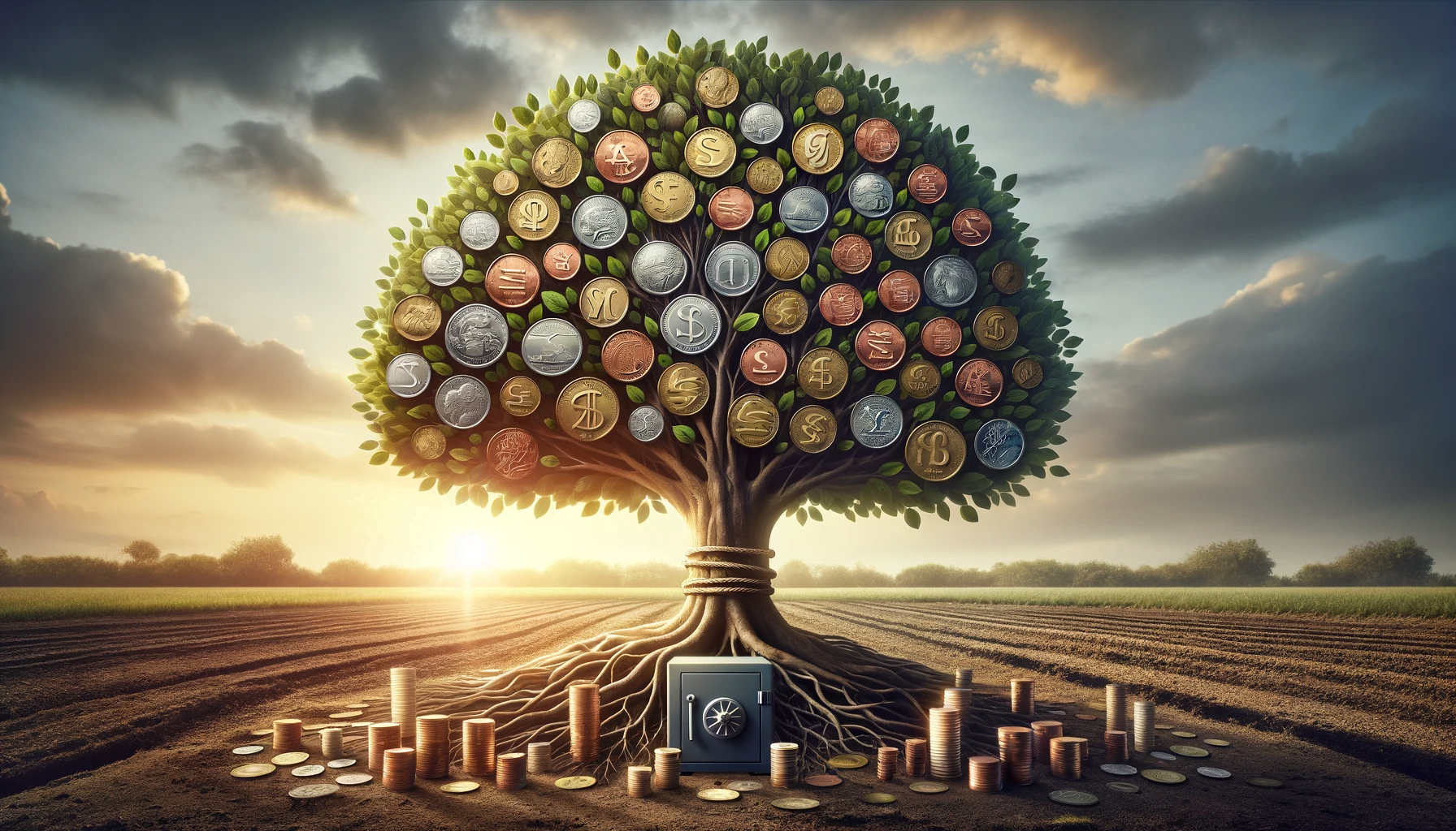 DALL·E 2023 11 09 20.39.43 Create a wide image illustrating Return on Investment. Visualize a tree where the trunk is made up of stacks of coins and the branches are growing p