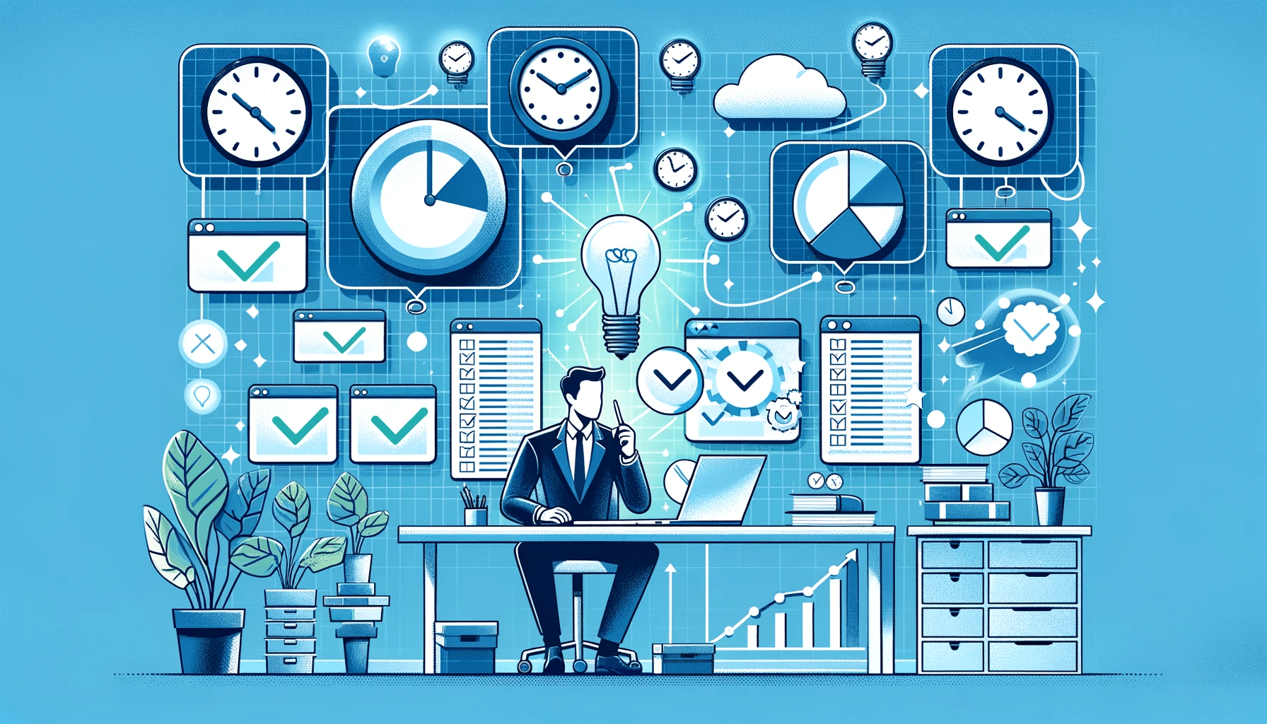 Illustrate a dynamic 16 9 image that showcases the benefits of the Eisenhower Technique in terms of productivity and decision making. Feature a centra