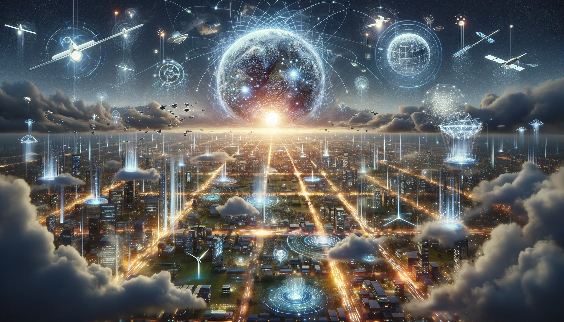 Visualize the future of the internet in a wide format 16 9 image that captures its evolution and potential. Imagine a panoramic view of a digital la