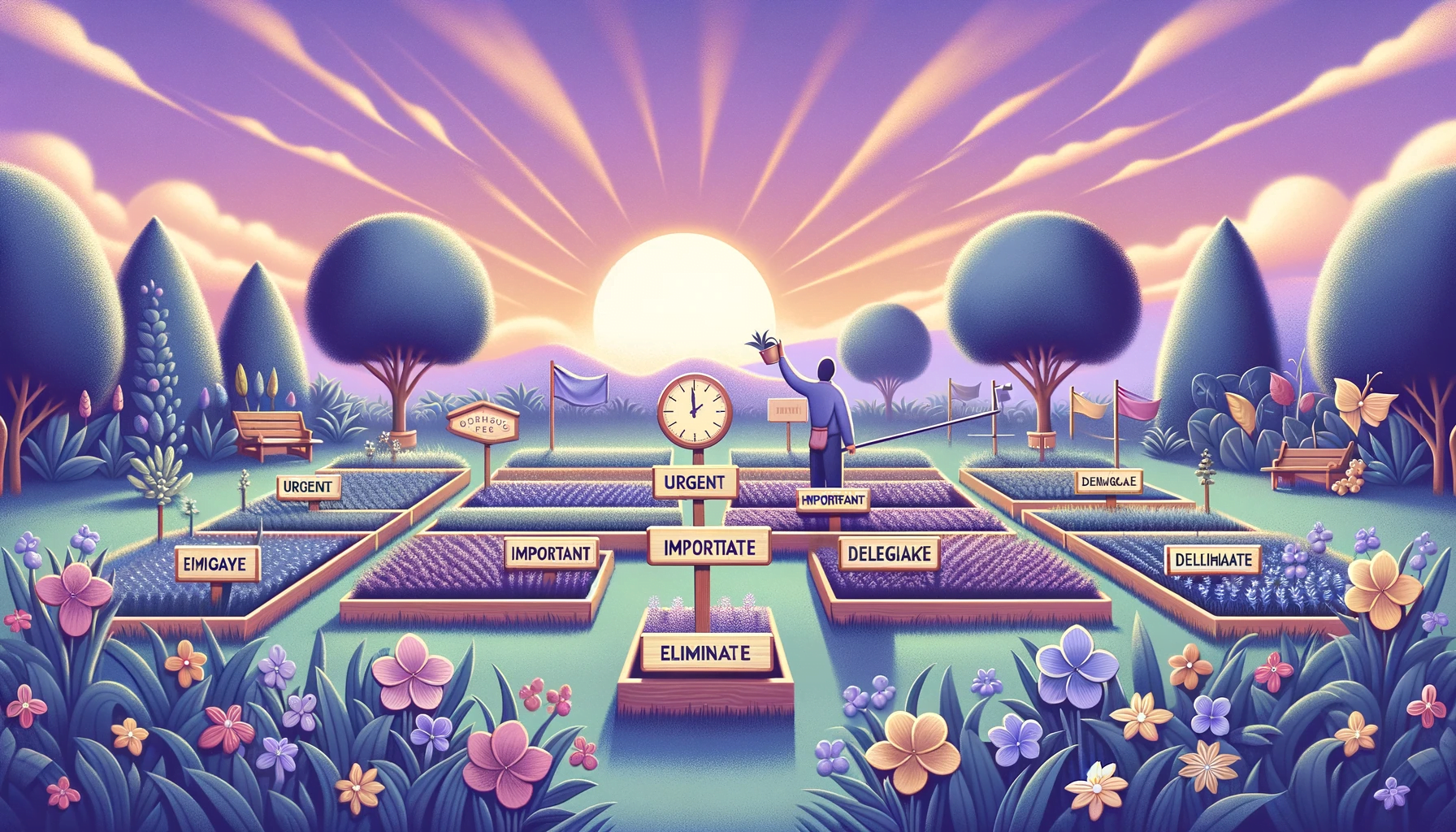 illustration that visualizes the benefits of the Eisenhower Technique through a metaphor of a garden. In this peaceful setting a figure