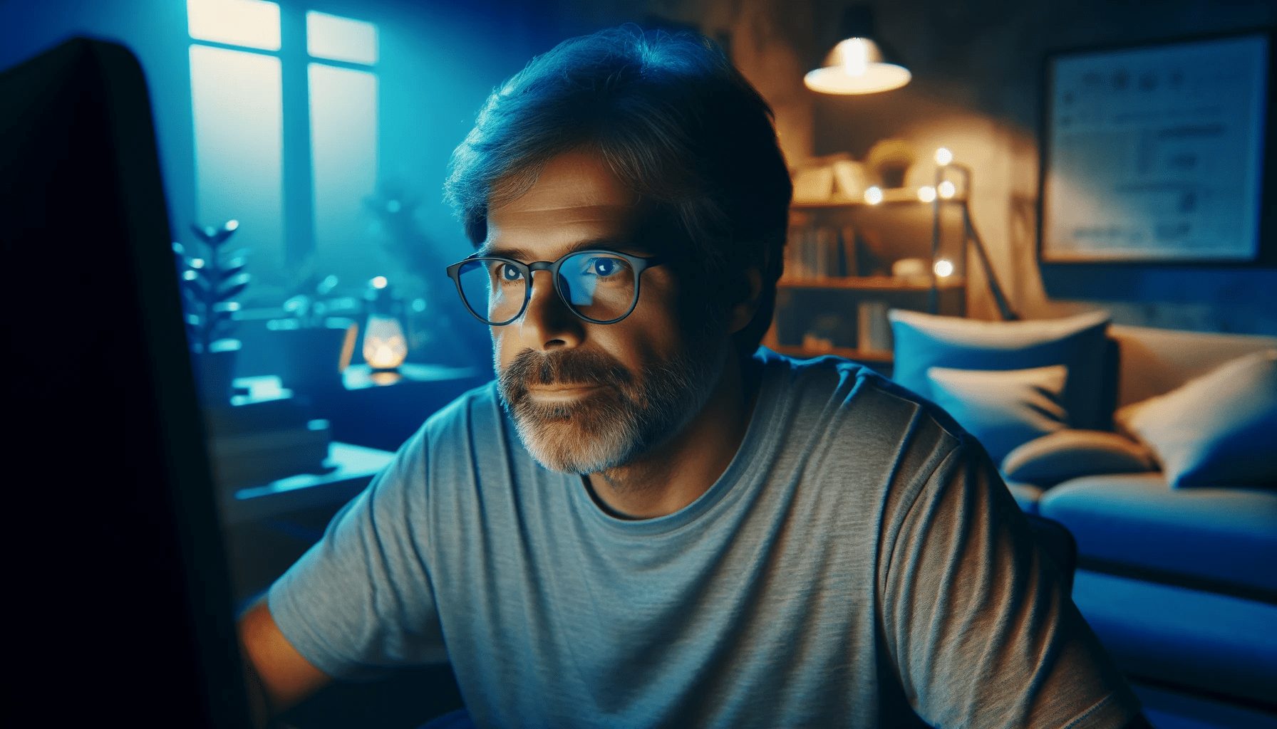 middle aged slightly overweight Caucasian man with a round face and glasses his hair just beginning to gray sits in front of a computer in a cozy