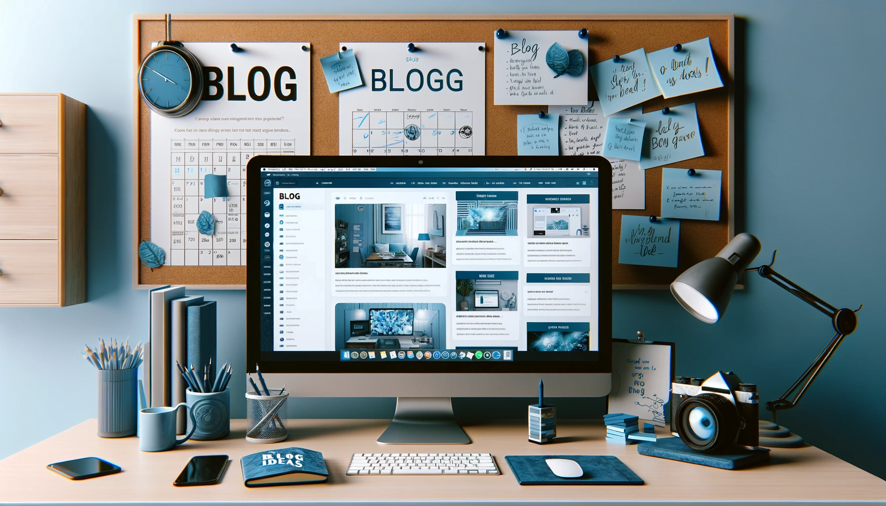 workspace dedicated to blog planning. A large modern computer monitor dominates the scene with an open content management system