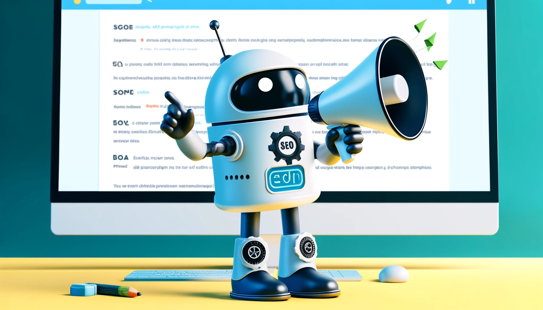 An illustration of a humanoid figure representing an SEO plugin holding a megaphone and dictating rules. The figure has features like gears and digit