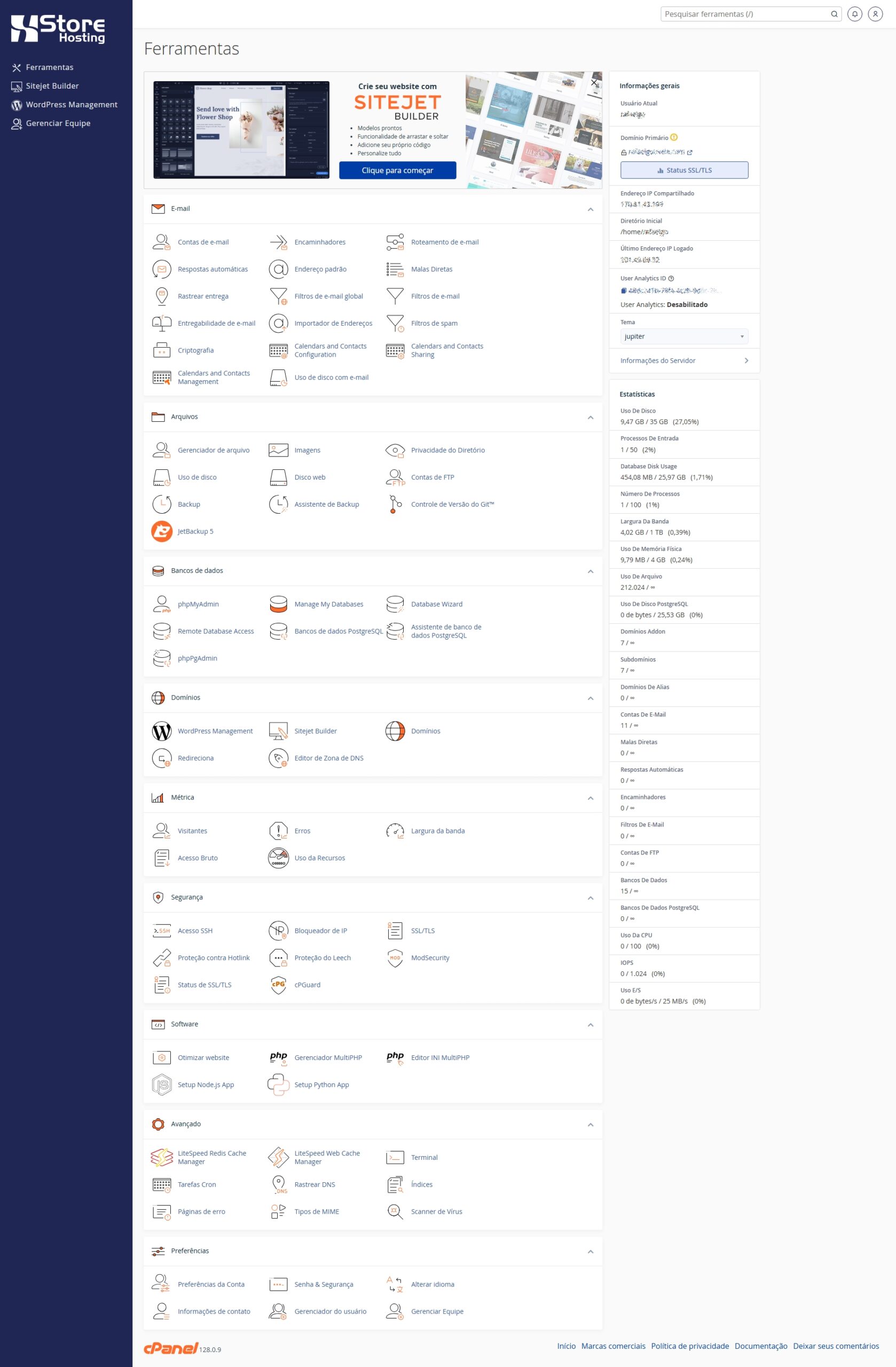 Interface do cPanel: todos os recursos para gerenciar seu site em um só lugar, com controle total e visual intuitivo.