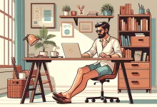 Ilustracao de uma sala de home office clara e arejada. Um homem de descendencia arabe vestindo uma camisa social shorts e meias divertidas esta sen