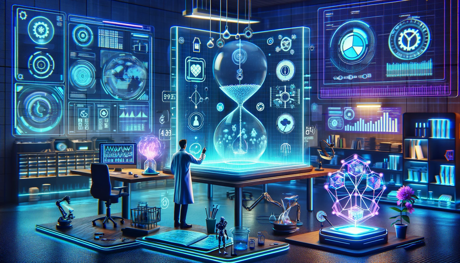 VIVER DE BLOG – A Importância do Planejamento para o Sucesso – Módulo 4 | 1ª Fase 3 DALL·E 2023 11 09 20.18.35 Design a wide image that creatively interprets The Science Behind Efficient Planning. Picture a futuristic lab setting with a central character an
