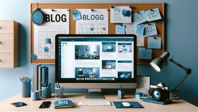 workspace dedicated to blog planning. A large modern computer monitor dominates the scene with an open content management system